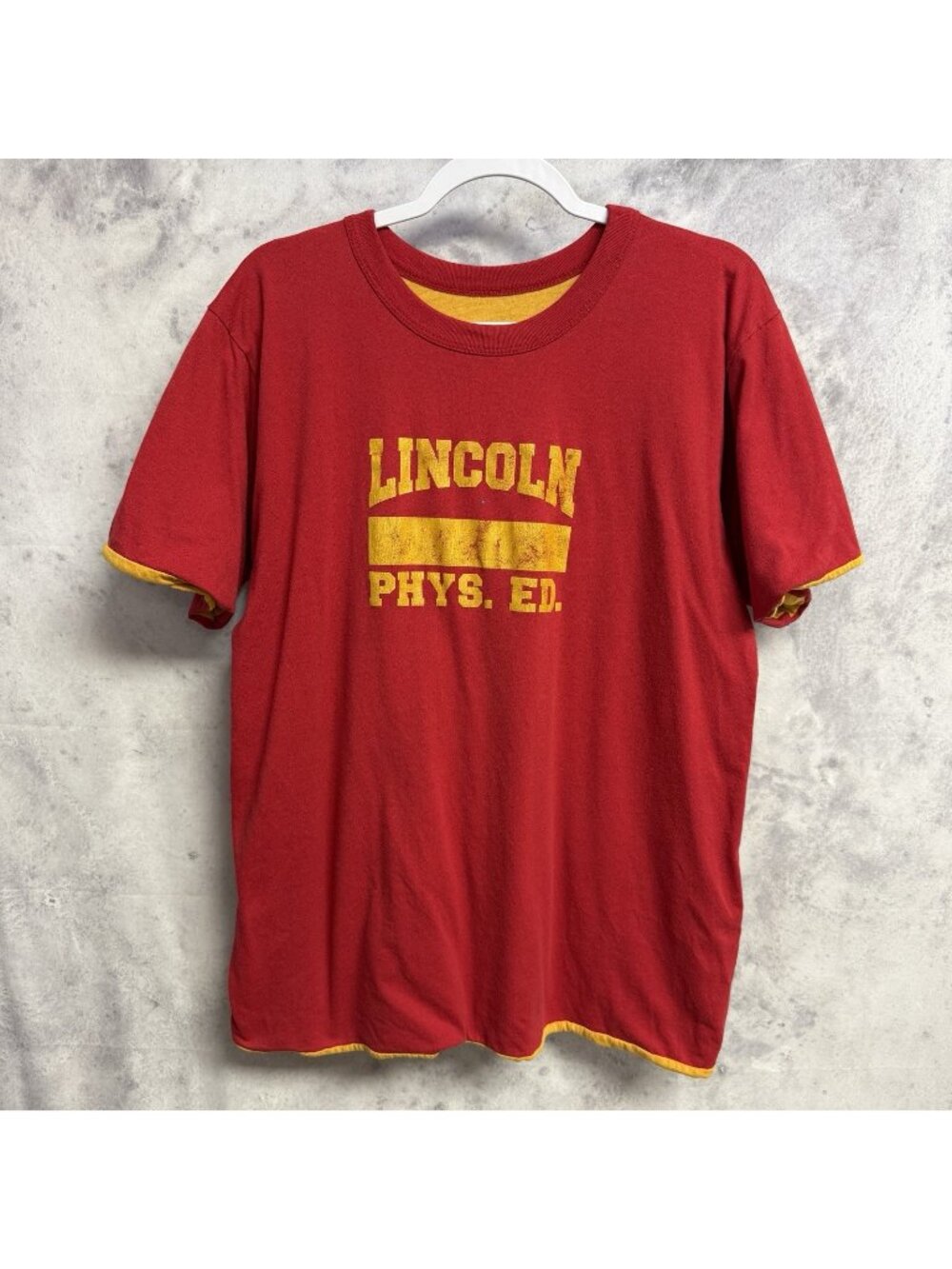 Vintage 90s Double Face Phys Ed T Shirt Mens XL Red/Yellow USA